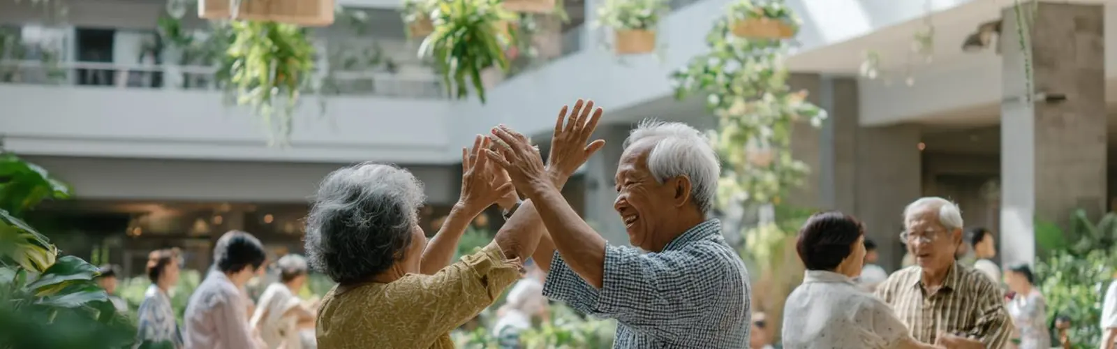 Neighbours greeting each other with raised hands outside a block of flats