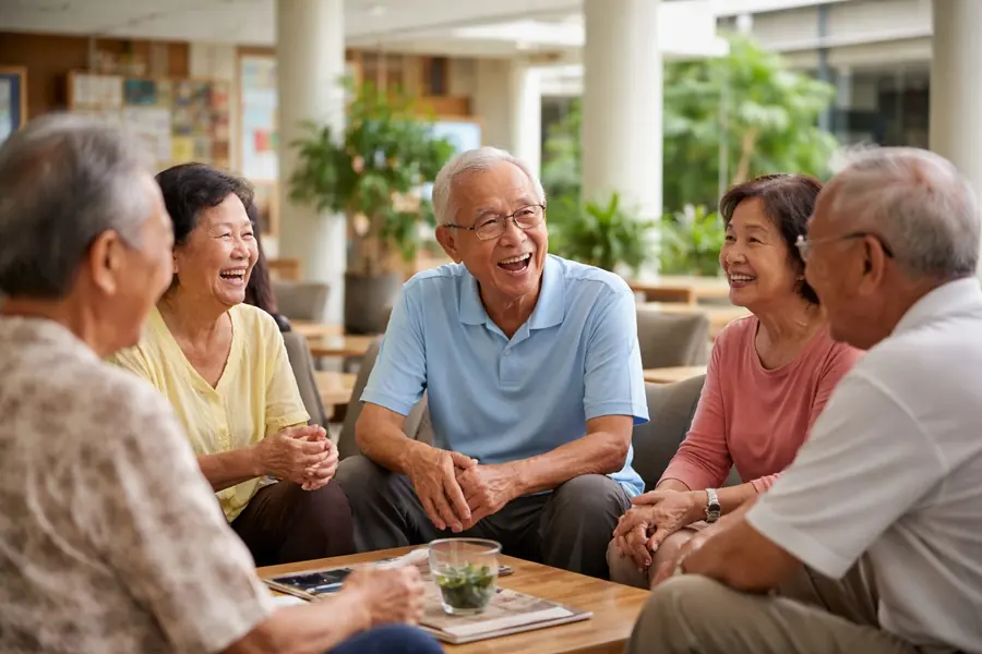 Neighbours sitting together and chatting in a bright common space