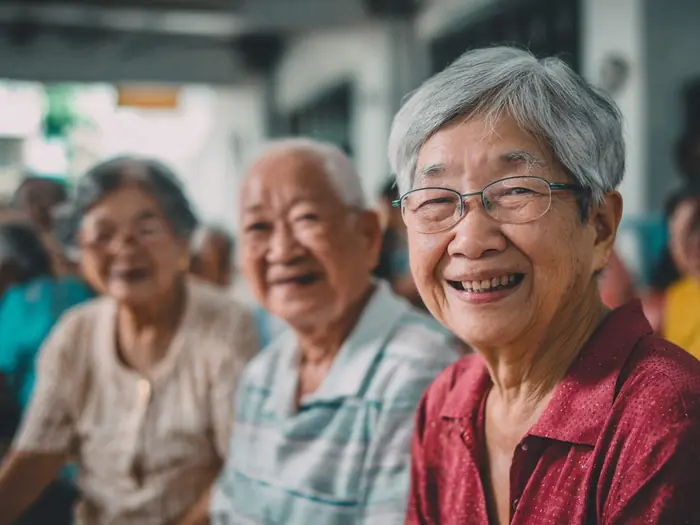 Three residents laughing together at a community event