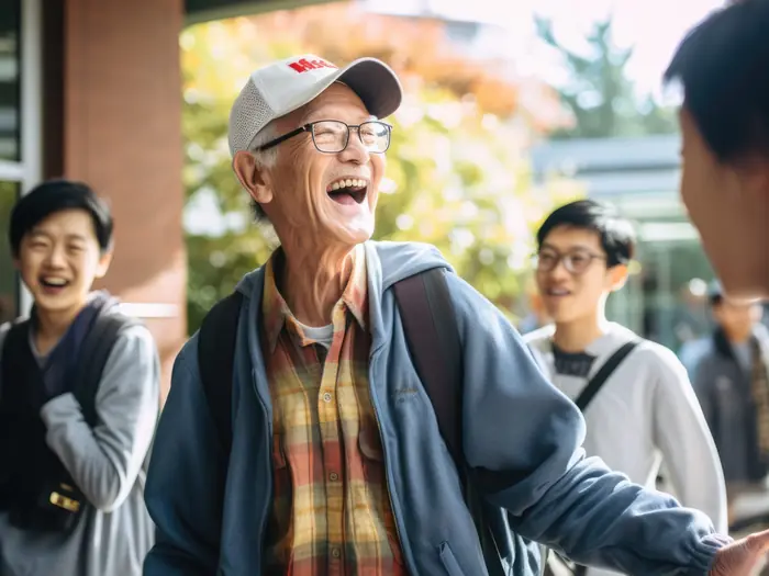 An older man smiling among a group of younger residents